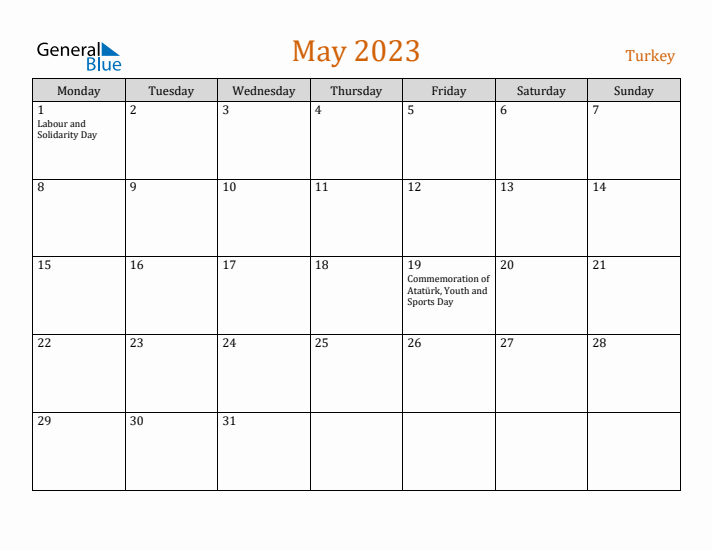 May 2023 Holiday Calendar with Monday Start