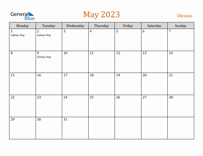 May 2023 Holiday Calendar with Monday Start