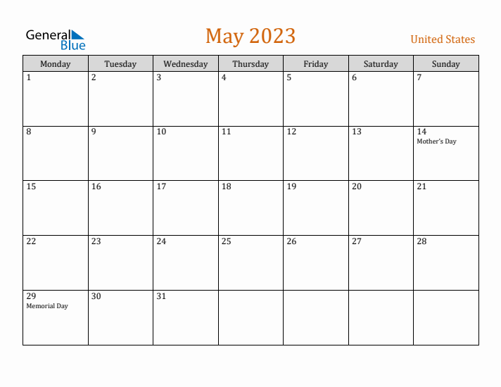 May 2023 Holiday Calendar with Monday Start