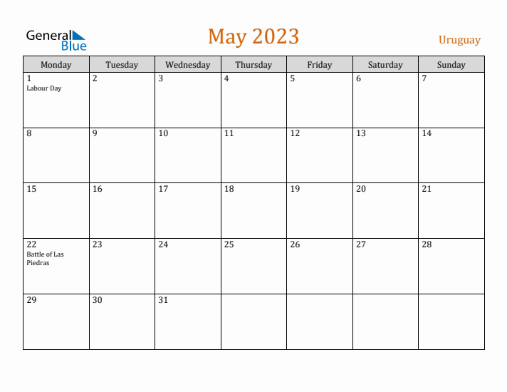 May 2023 Holiday Calendar with Monday Start