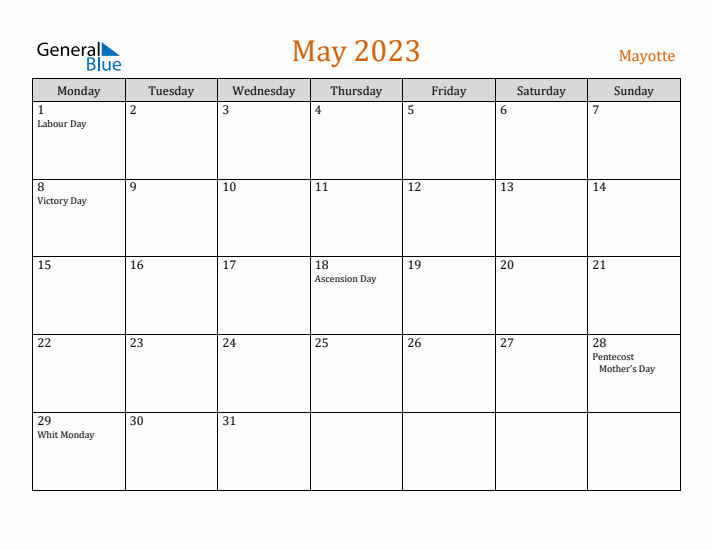 May 2023 Holiday Calendar with Monday Start