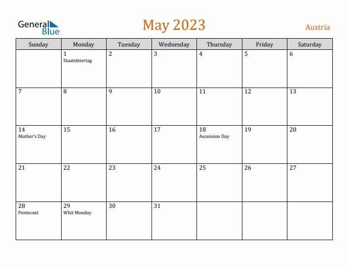 May 2023 Holiday Calendar with Sunday Start