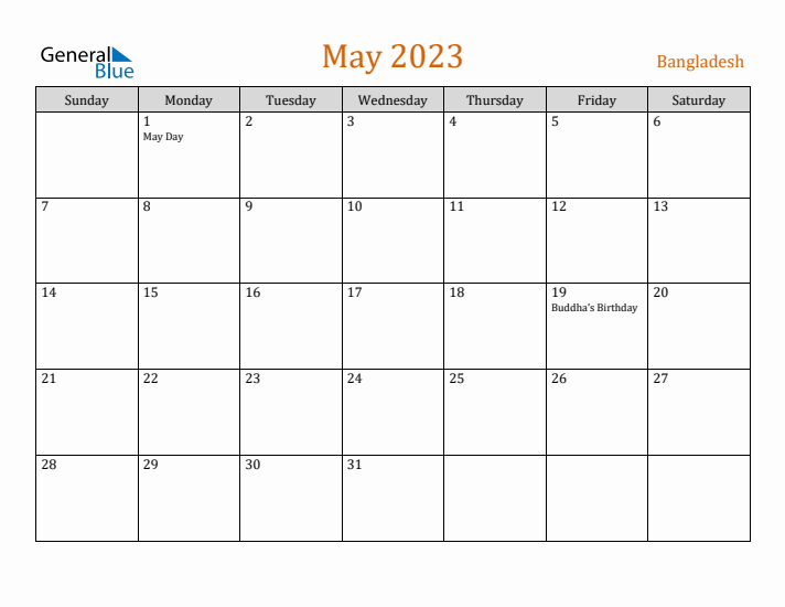 May 2023 Holiday Calendar with Sunday Start