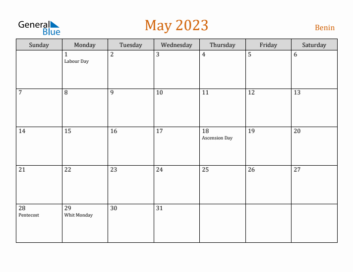 May 2023 Holiday Calendar with Sunday Start