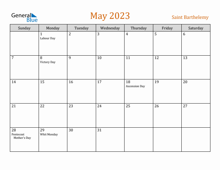 May 2023 Holiday Calendar with Sunday Start