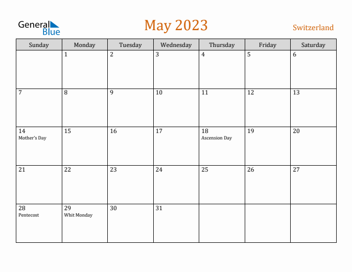 May 2023 Holiday Calendar with Sunday Start