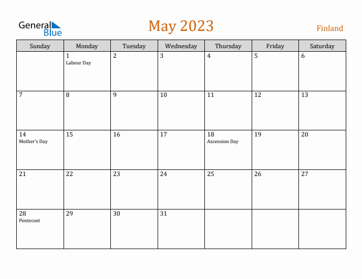 May 2023 Holiday Calendar with Sunday Start