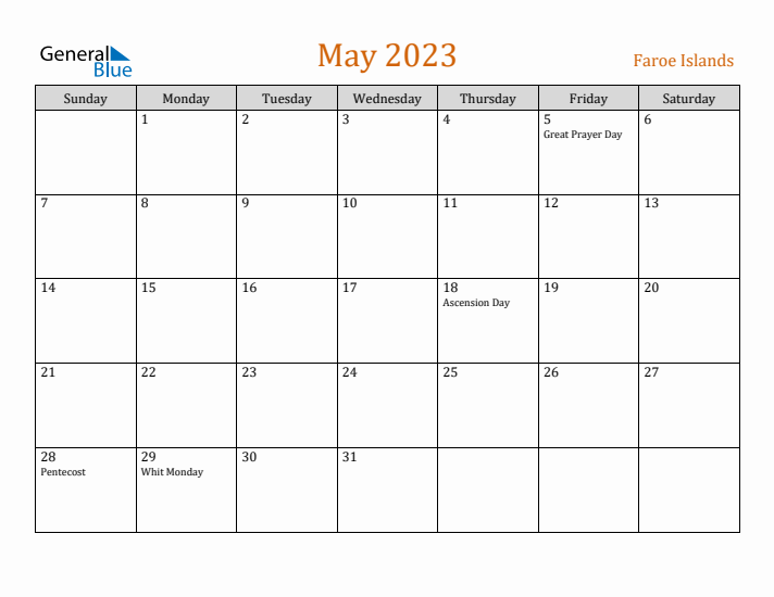 May 2023 Holiday Calendar with Sunday Start