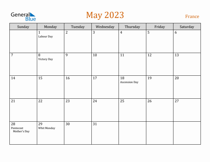 May 2023 Holiday Calendar with Sunday Start