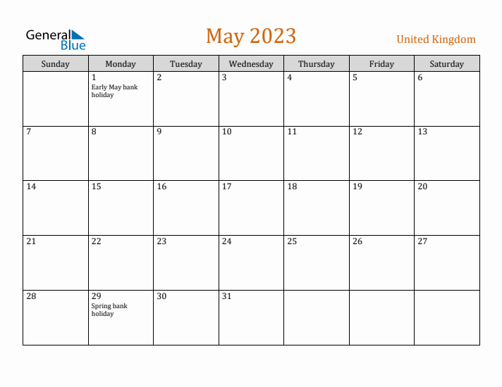 May 2023 Holiday Calendar with Sunday Start