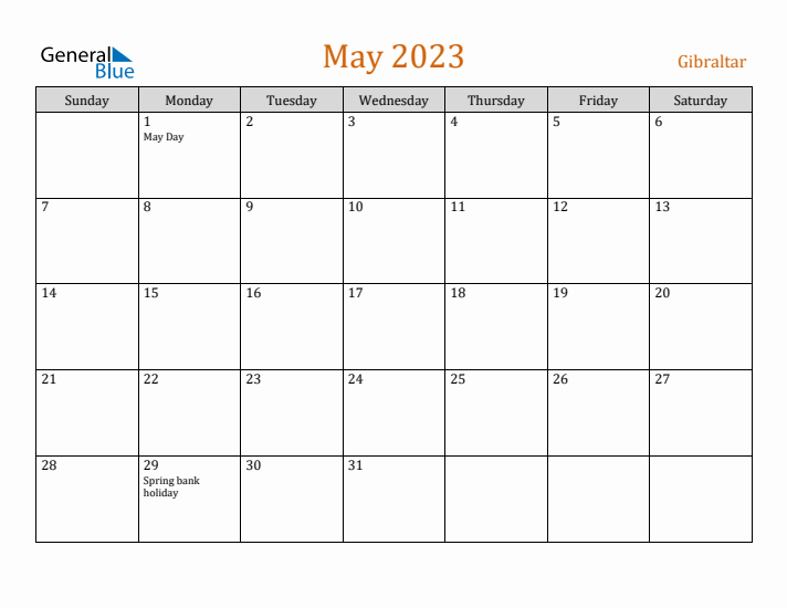 May 2023 Holiday Calendar with Sunday Start