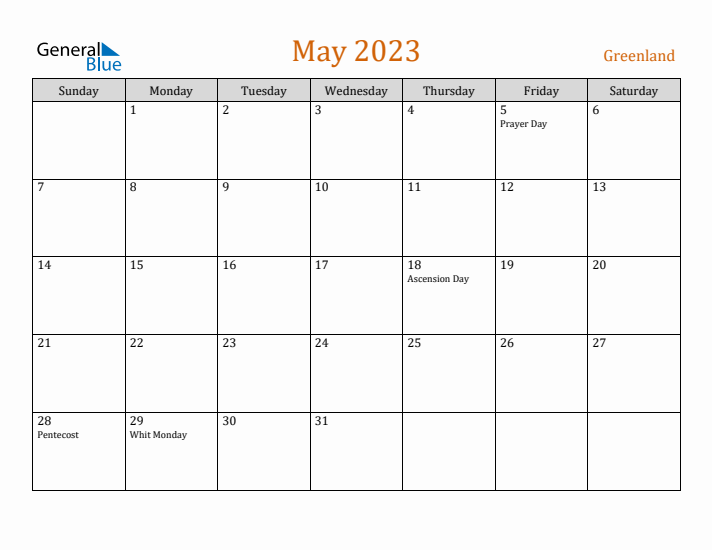 May 2023 Holiday Calendar with Sunday Start