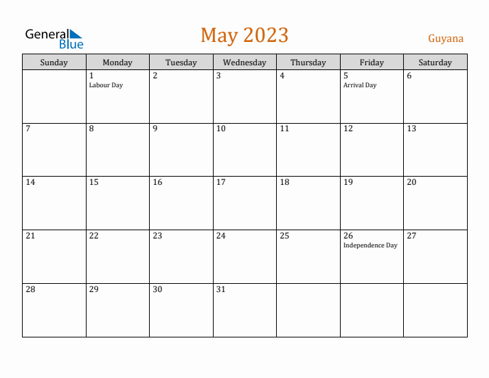 May 2023 Holiday Calendar with Sunday Start