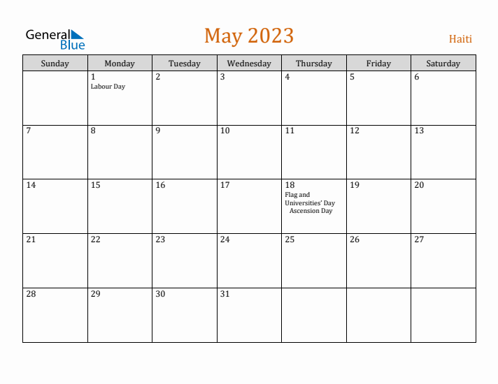 May 2023 Holiday Calendar with Sunday Start