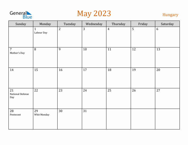 May 2023 Holiday Calendar with Sunday Start