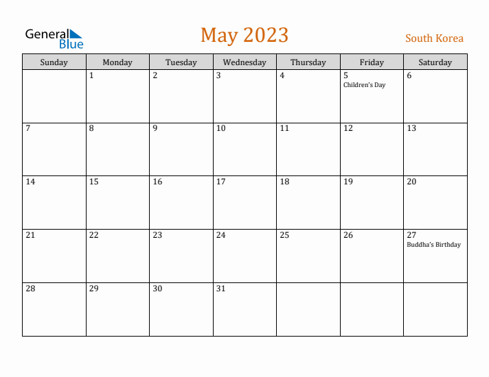 May 2023 Holiday Calendar with Sunday Start