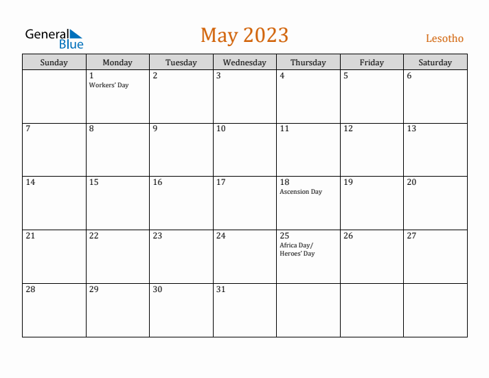 May 2023 Holiday Calendar with Sunday Start