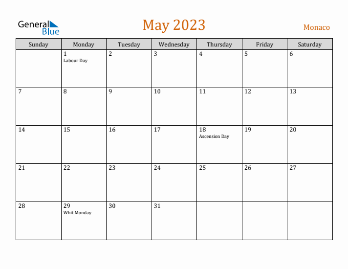 May 2023 Holiday Calendar with Sunday Start