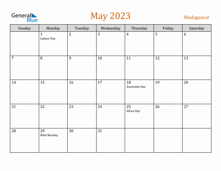 May 2023 Holiday Calendar with Sunday Start