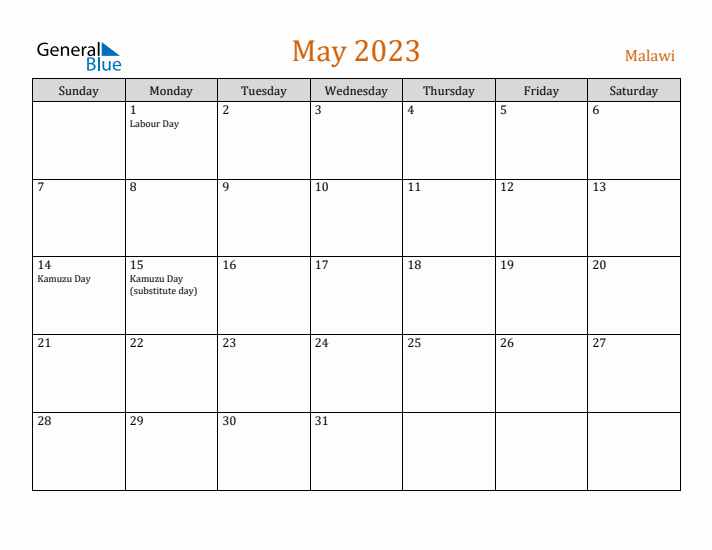 May 2023 Holiday Calendar with Sunday Start