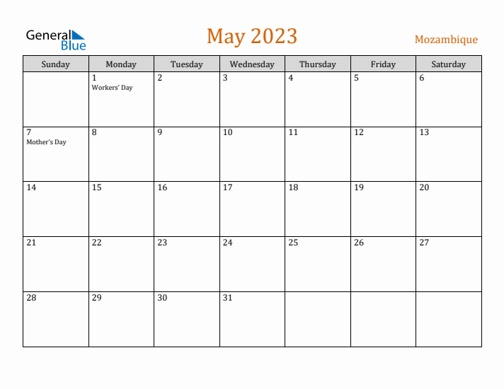 May 2023 Holiday Calendar with Sunday Start