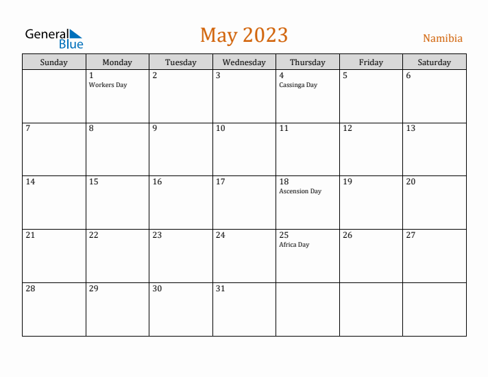 May 2023 Holiday Calendar with Sunday Start