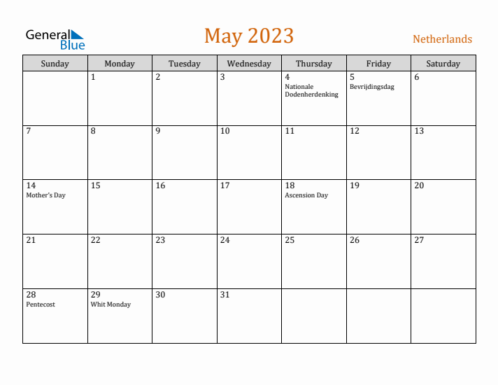 May 2023 Holiday Calendar with Sunday Start