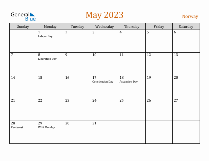 May 2023 Holiday Calendar with Sunday Start