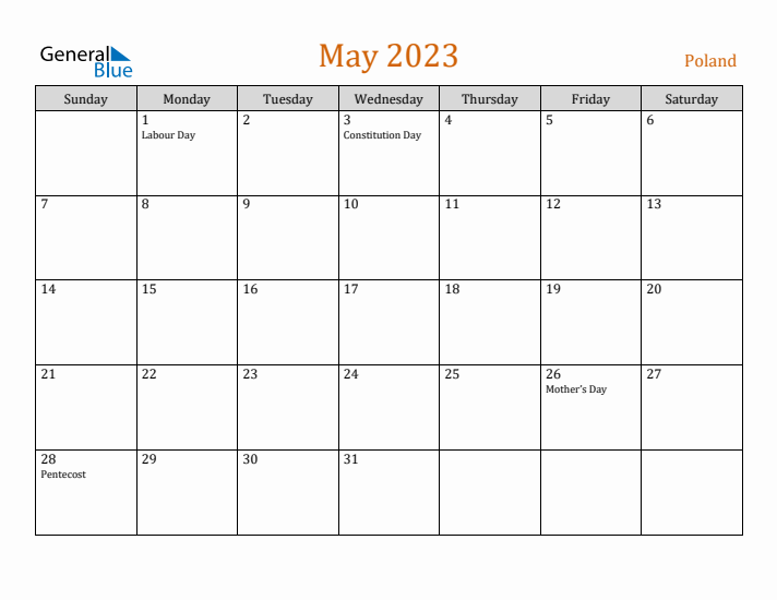 May 2023 Holiday Calendar with Sunday Start