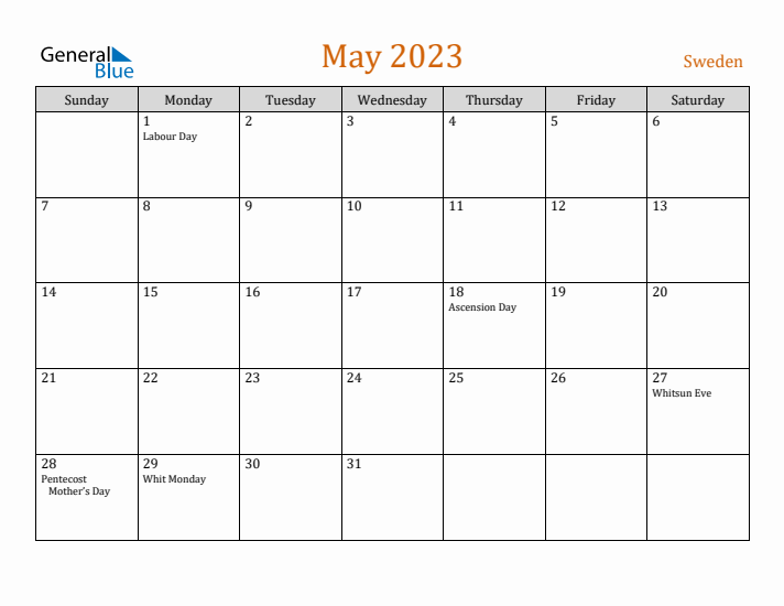 May 2023 Holiday Calendar with Sunday Start