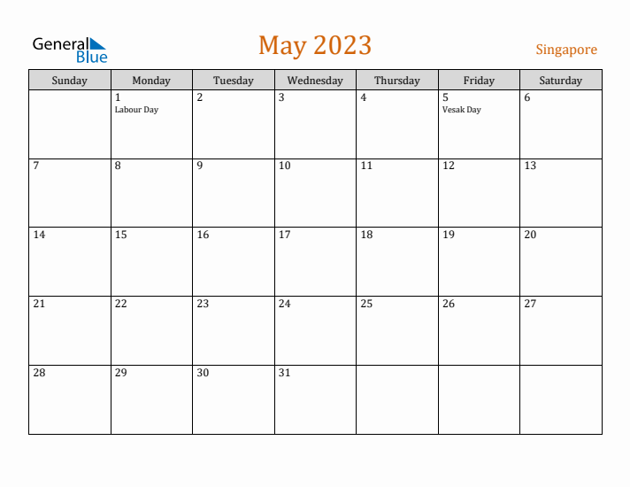 May 2023 Holiday Calendar with Sunday Start