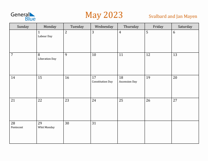 May 2023 Holiday Calendar with Sunday Start