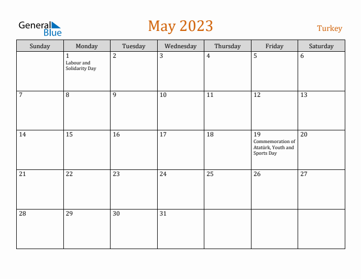 May 2023 Holiday Calendar with Sunday Start