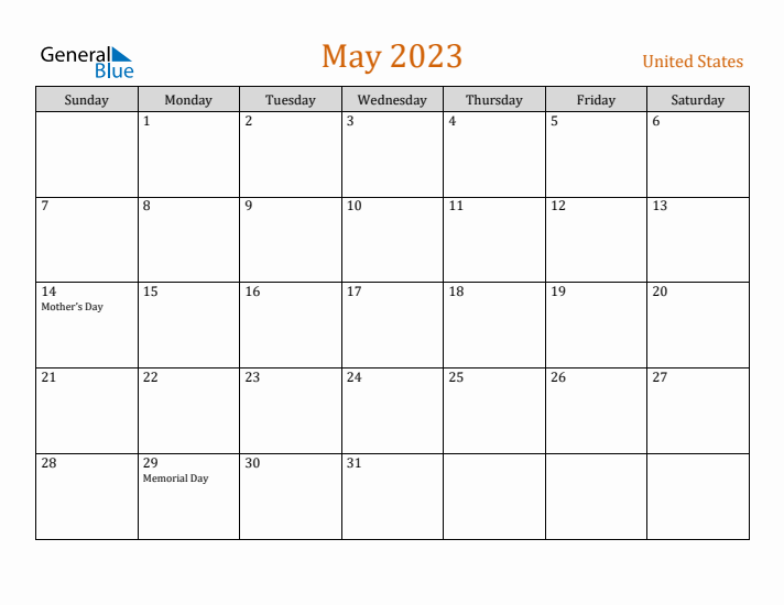 May 2023 Holiday Calendar with Sunday Start