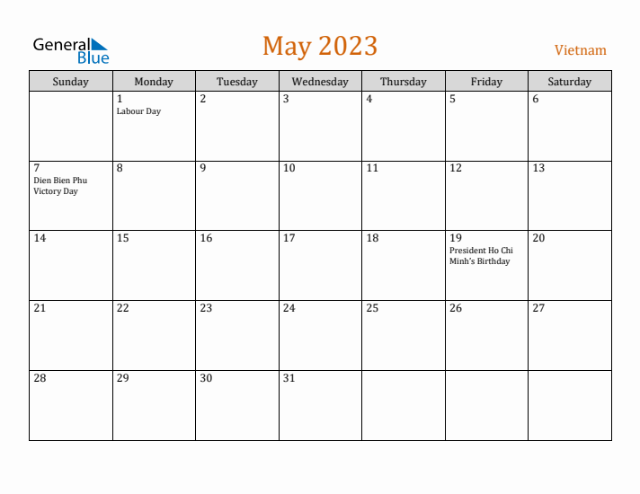 May 2023 Holiday Calendar with Sunday Start