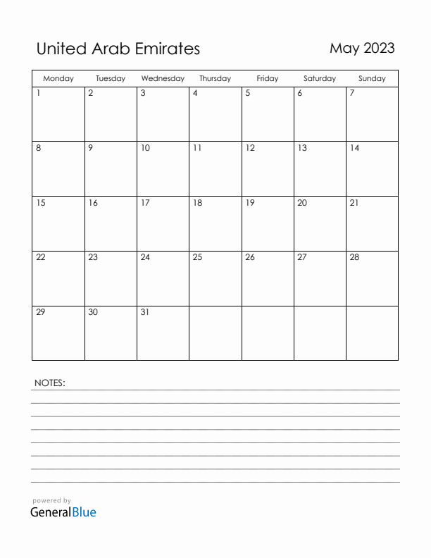 May 2023 United Arab Emirates Calendar with Holidays (Monday Start)