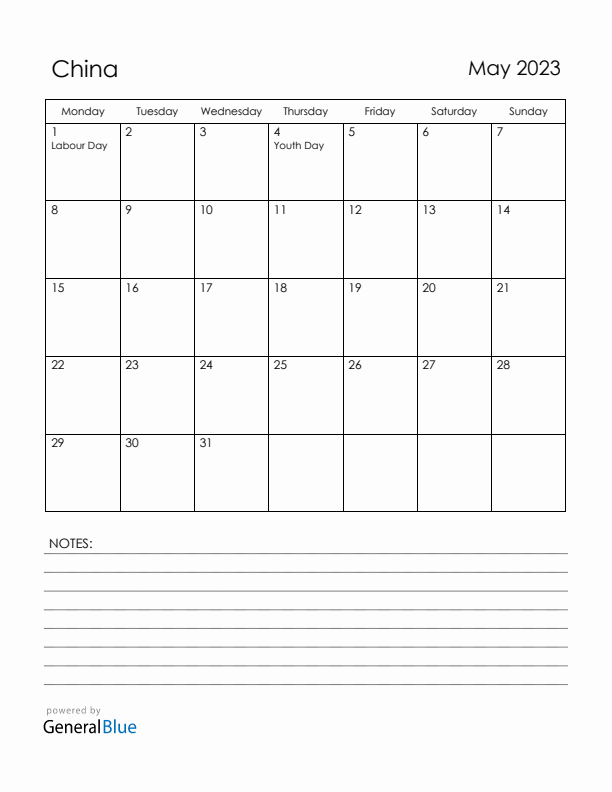 May 2023 China Calendar with Holidays (Monday Start)
