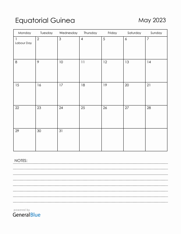 May 2023 Equatorial Guinea Calendar with Holidays (Monday Start)