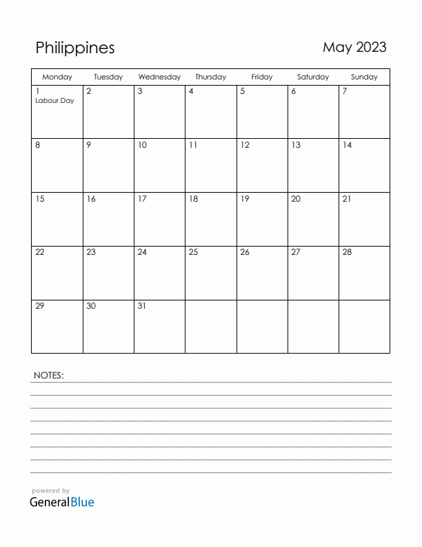 May 2023 Philippines Calendar with Holidays (Monday Start)