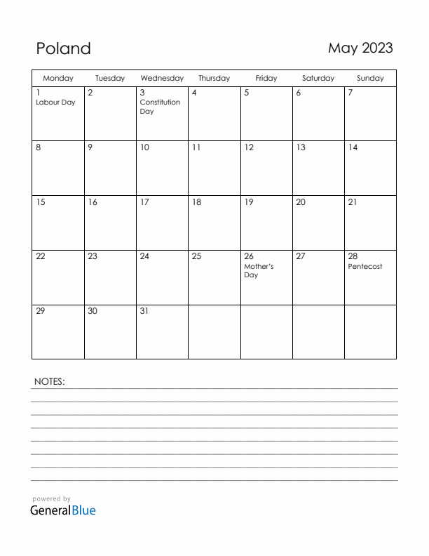 May 2023 Poland Calendar with Holidays (Monday Start)