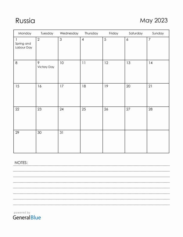 May 2023 Russia Calendar with Holidays (Monday Start)