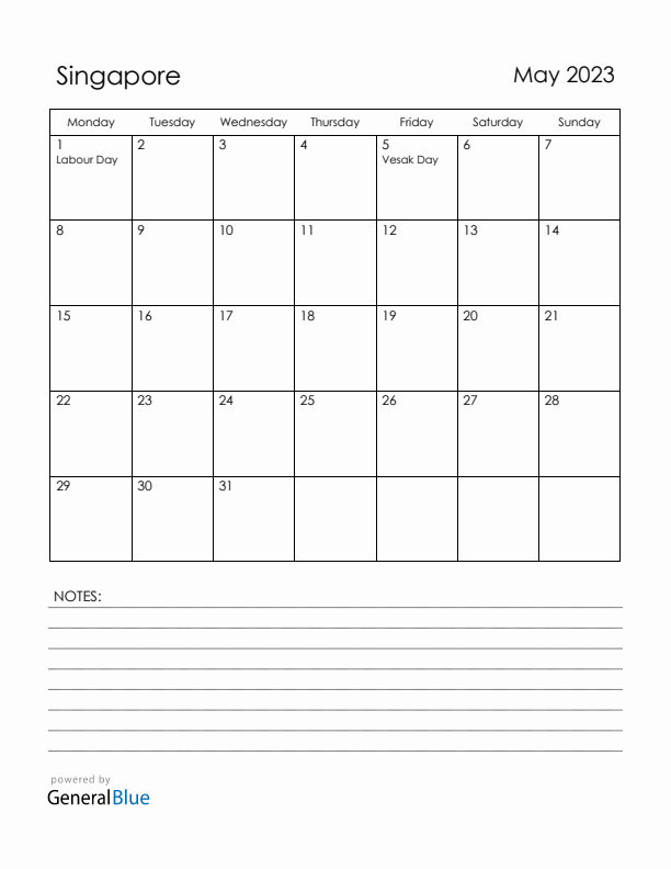 May 2023 Singapore Calendar with Holidays (Monday Start)