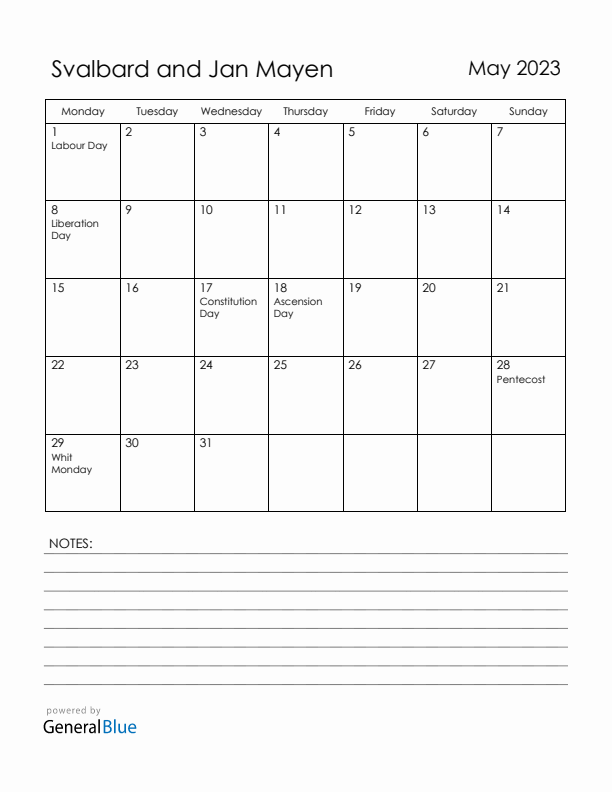 May 2023 Svalbard and Jan Mayen Calendar with Holidays (Monday Start)