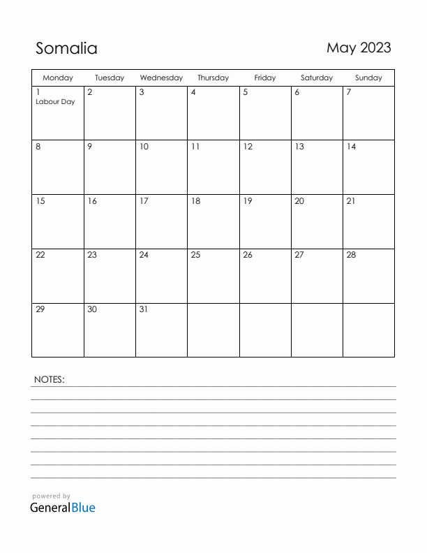 May 2023 Somalia Calendar with Holidays (Monday Start)