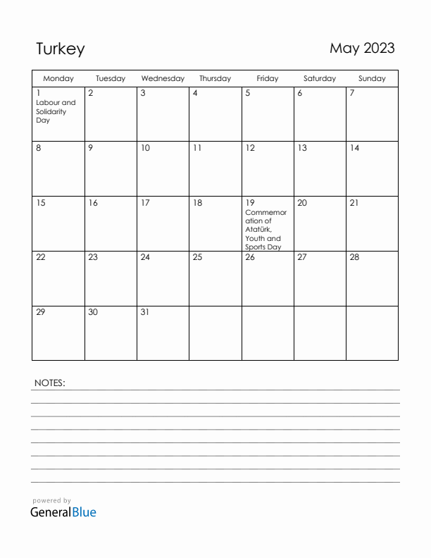 May 2023 Turkey Calendar with Holidays (Monday Start)