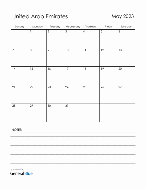 May 2023 United Arab Emirates Calendar with Holidays (Sunday Start)