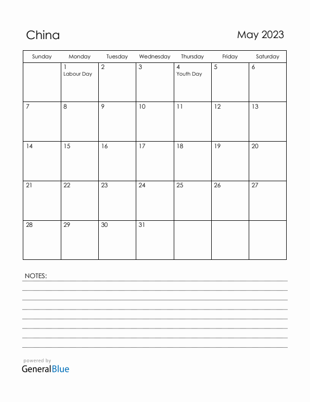 May 2023 China Calendar with Holidays (Sunday Start)