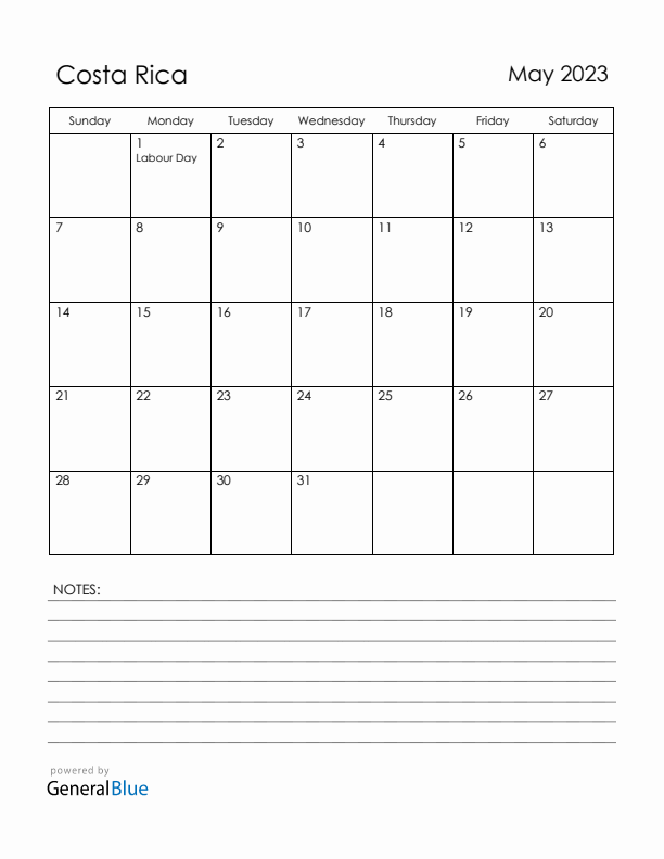 May 2023 Costa Rica Calendar with Holidays (Sunday Start)