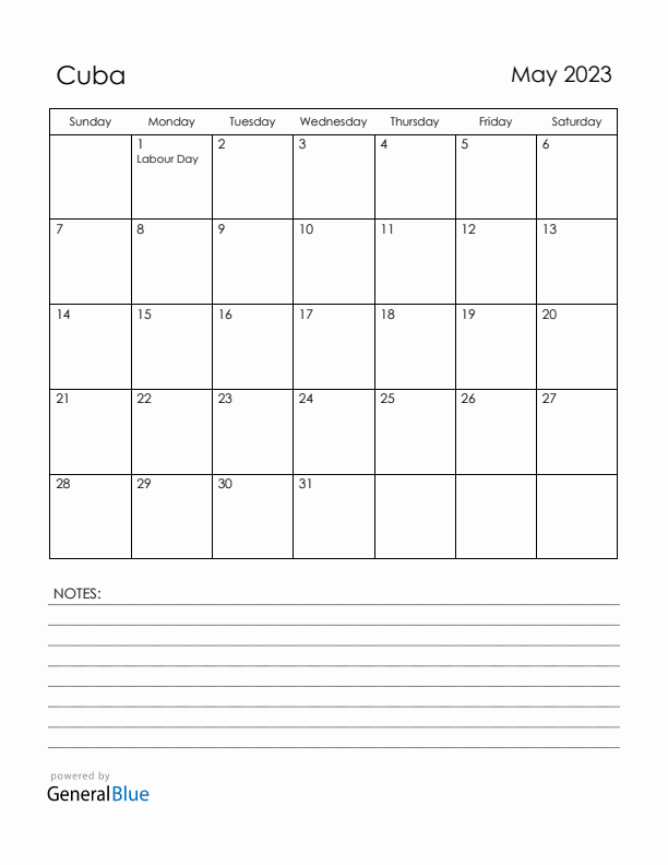 May 2023 Cuba Calendar with Holidays (Sunday Start)