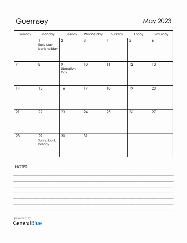 May 2023 Guernsey Calendar with Holidays (Sunday Start)